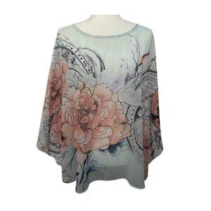 Chico's S/M semi sheer floral print oversized batwing overlay blouse EUC